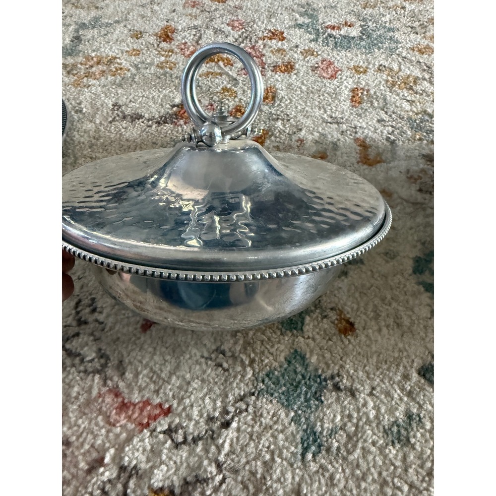 Buenilum Hammered Aluminum Serving Bowl with Lid Vintage MCM Beaded Trim 10 inch